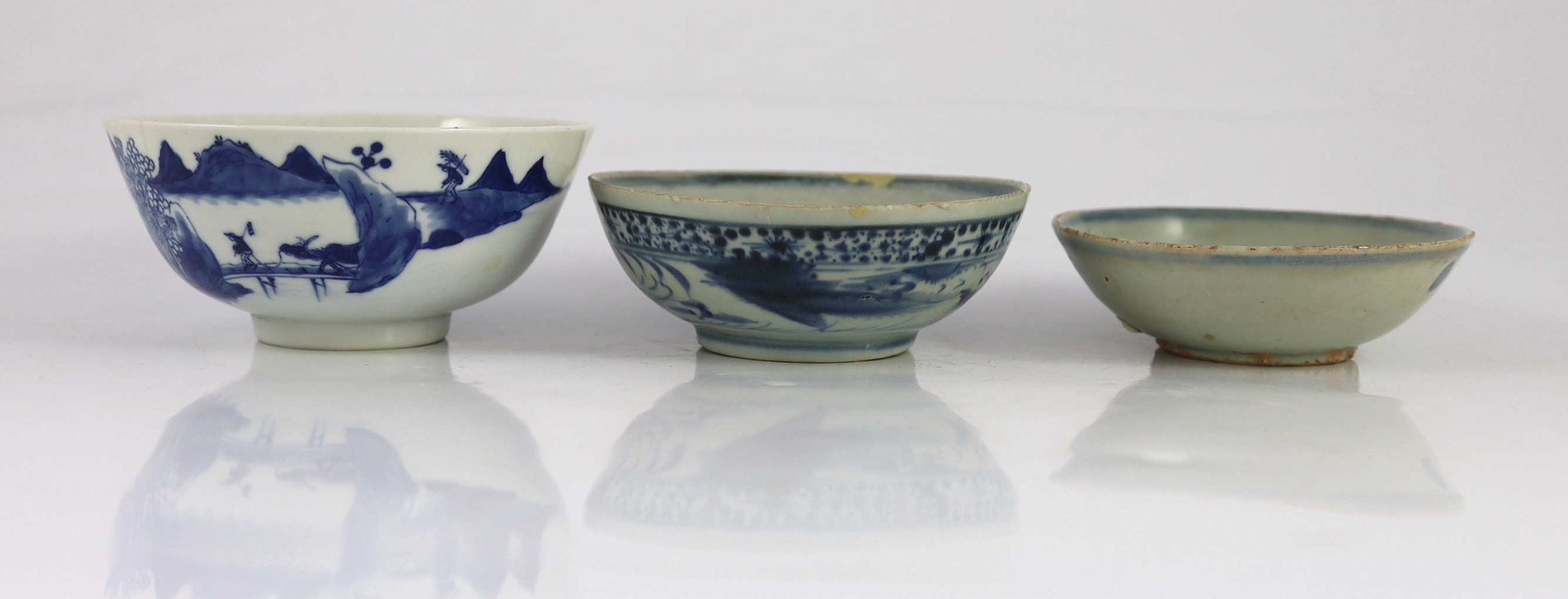 Two Chinese Ming blue and white bowls and a 19th century Chinese blue and white bowl, largest 13.5 cm (3)